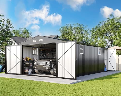 13.2x21x8 FT Outdoor Metal Garage Shed with Double Hinged Doors and 4 Windows V5093