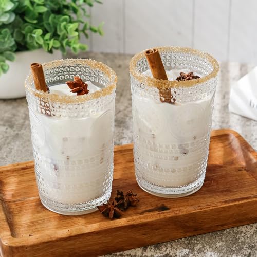 Hobnail Beaded Floral Rose Gold Drinking Glasses Set of 6, 13 oz Glassware Set Y95043