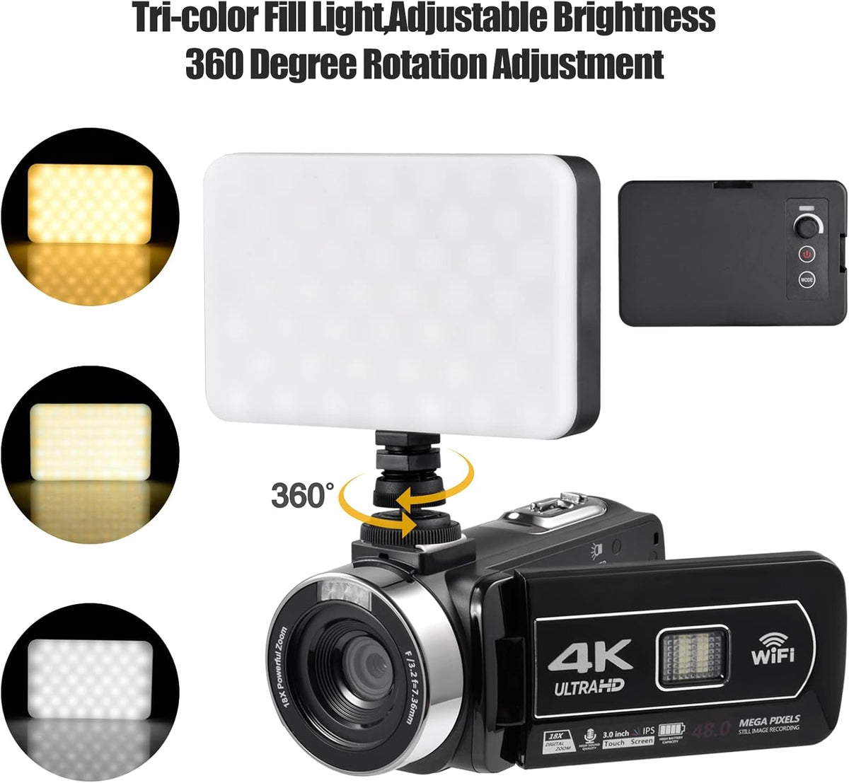 4K 48MP 3.0 Inch IPS Touch Screen Camcorder with Microphone and 2 Batteries (Black) X208455
