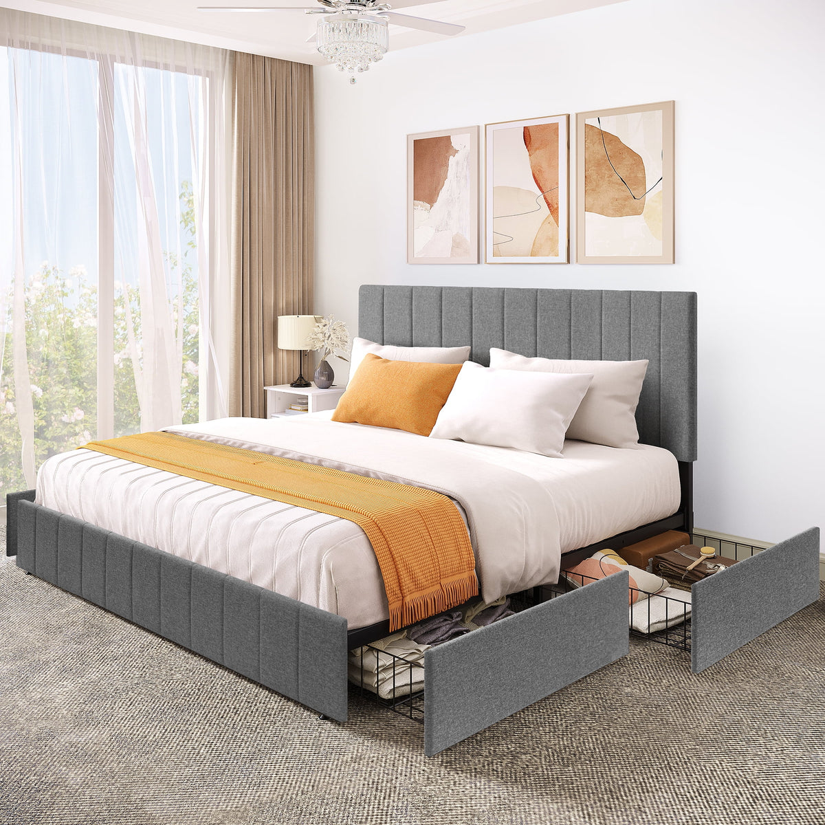King Size Upholstered Bed Frame with 4 Storage Drawers D25656