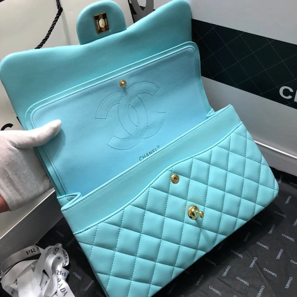Large Classic Handbag Gold Hardware Blue 11.8in/30cm D873