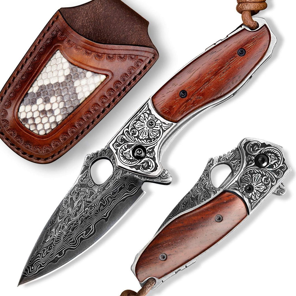2.5in VG10 Damascus Steel Folding Pocket Knife with Rosewood Handle I8780