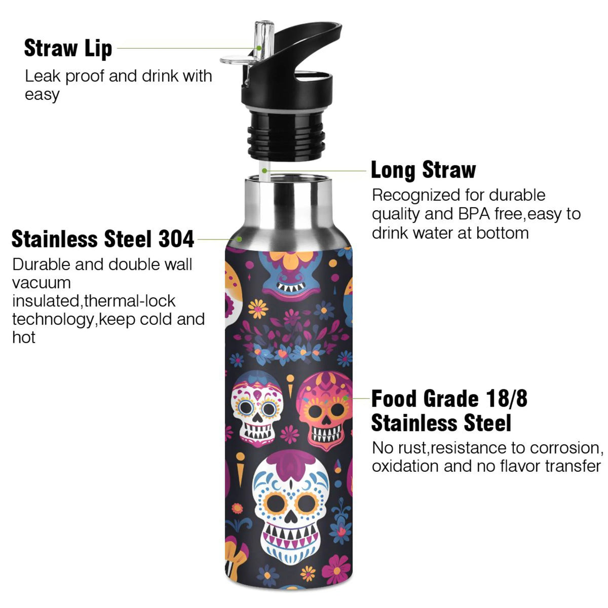 Colorful Skeletons Skulls Stainless Steel Insulated Water Bottle with Straw Lid Q162