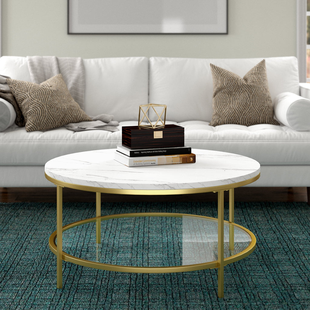 36" Wide Round Coffee Table with Faux Marble Top S820