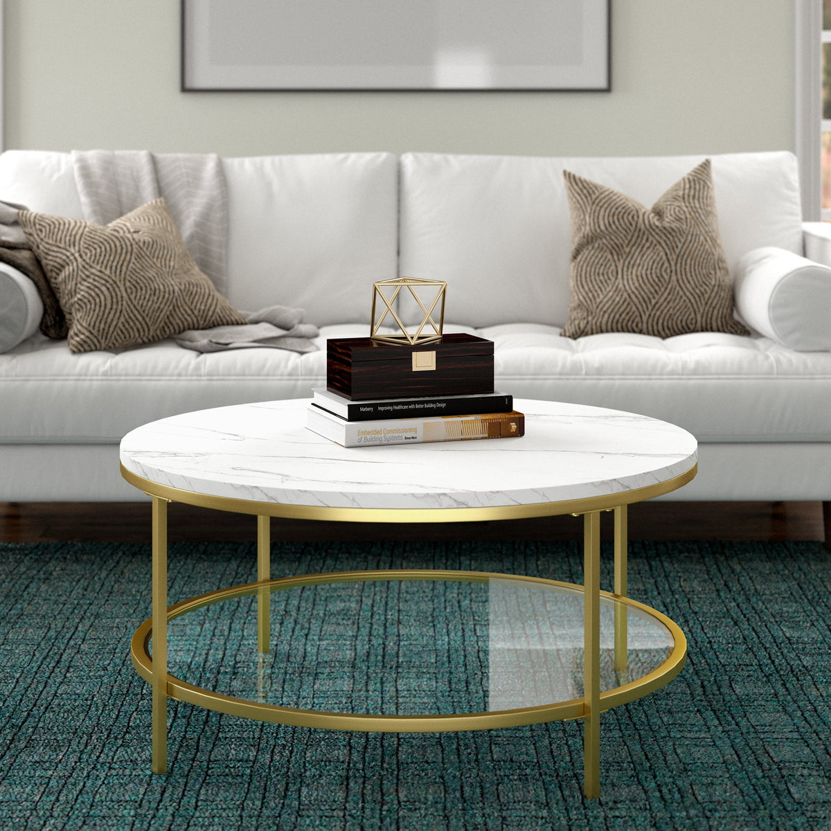 36" Wide Round Coffee Table with Faux Marble Top S820