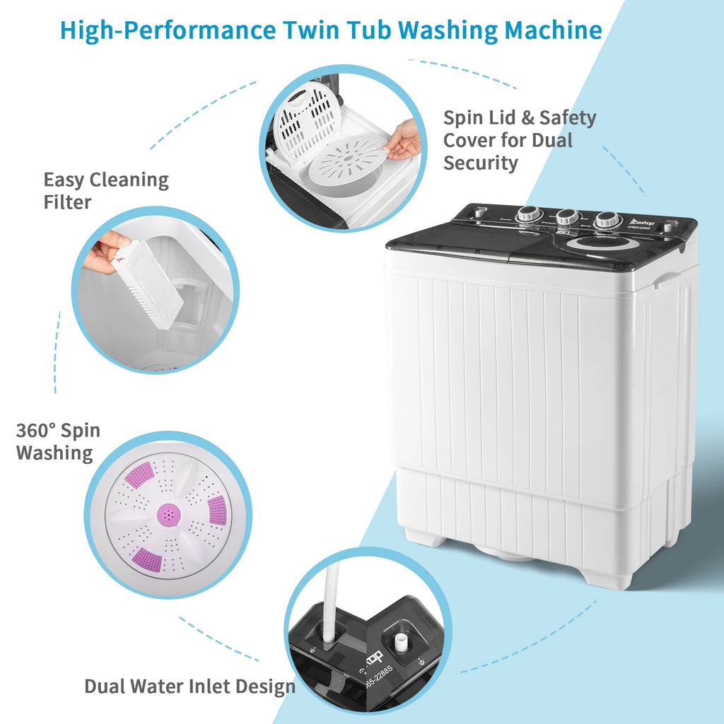 Semi-automatic Twin Tub Washing Machine with Built-in Drain Pump, 26Lbs, White&Black R77438