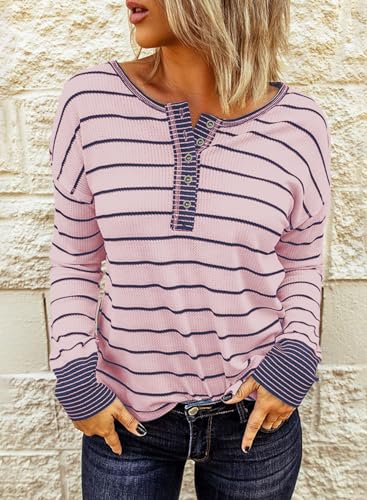 Long Sleeve Striped Button Up Tunic Shirts Loose Fit Henley Tee Blouses T9190