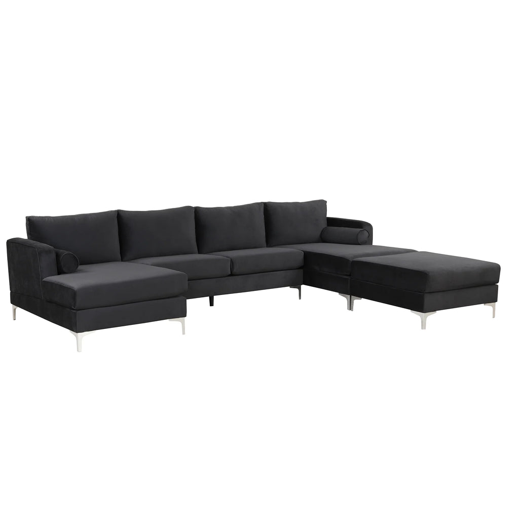 Black Velvet U-Shape Sectional Sofa with Ottoman Y535