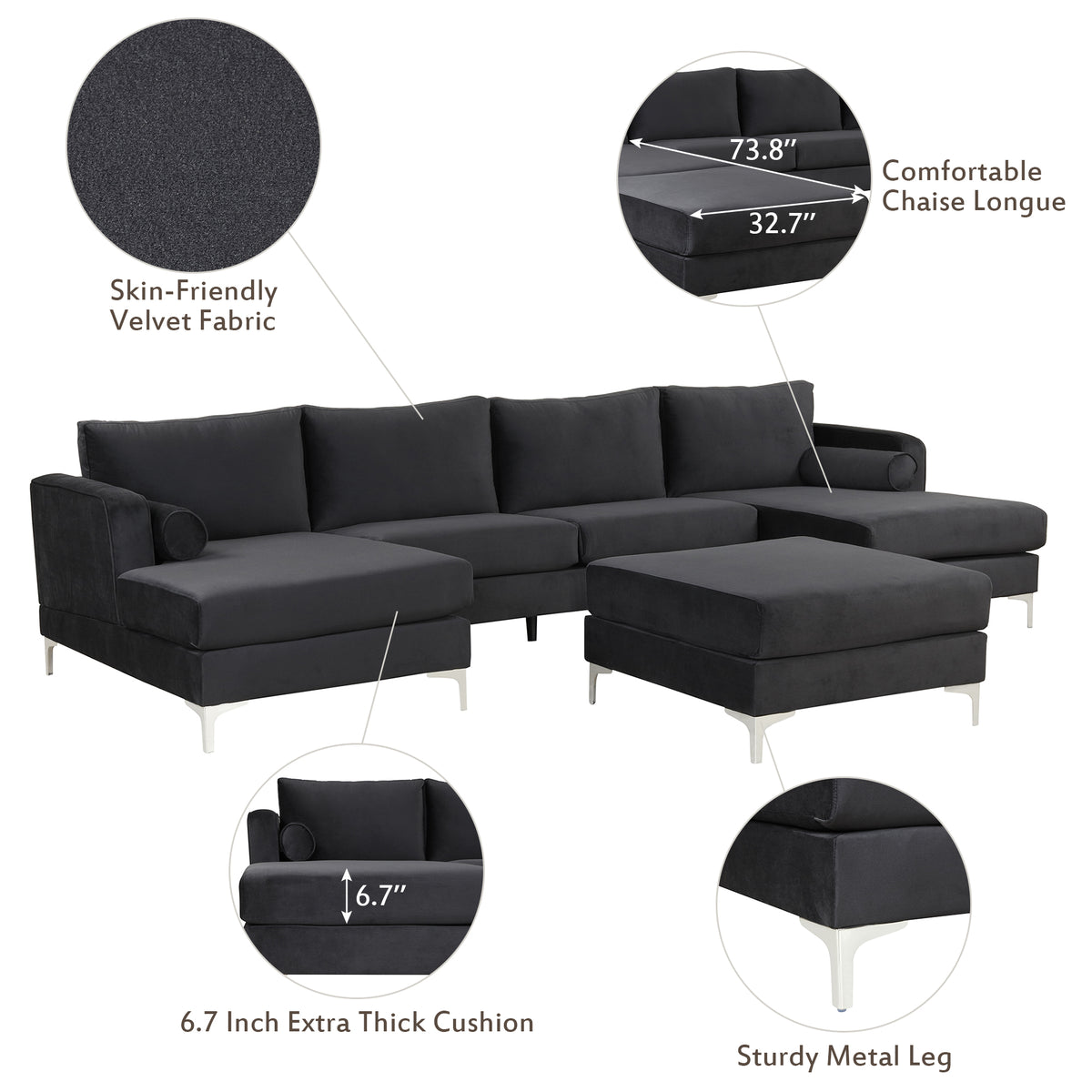 Black Velvet U-Shape Sectional Sofa with Ottoman Y535
