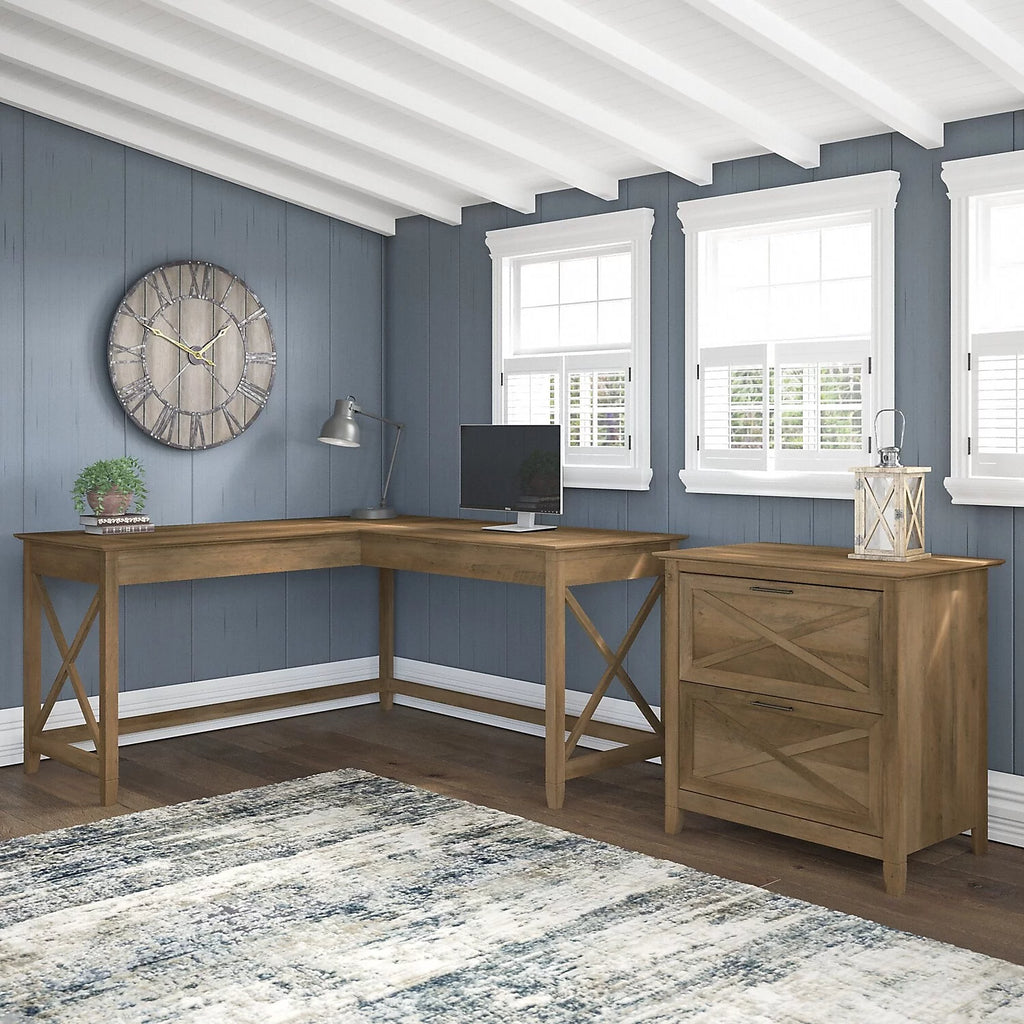 L Desk with Lateral File Cabinet in Reclaimed Pine Engineered Wood S2696