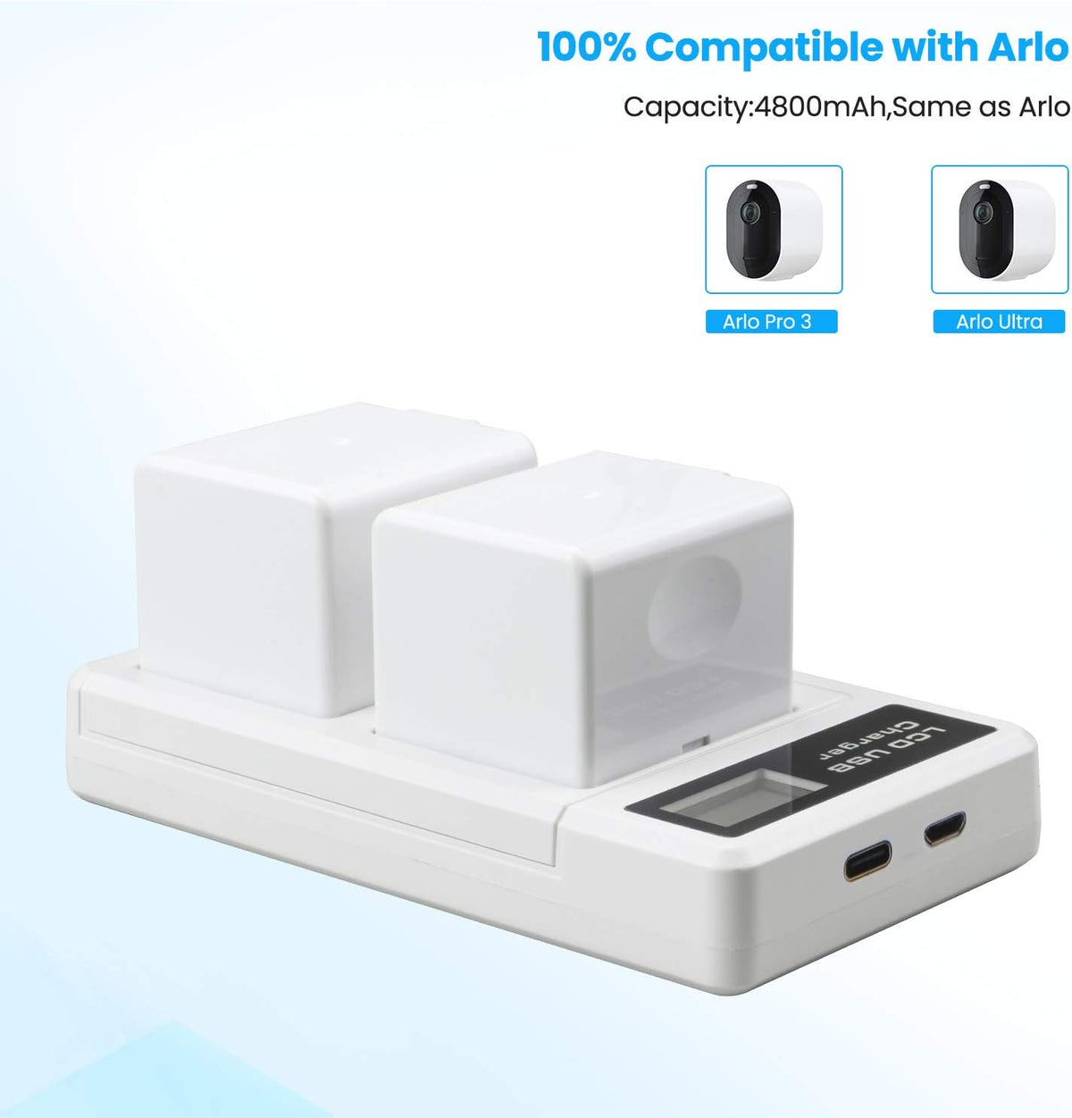 2-Pack Rechargeable Batteries and LCD Dual Charger for Arlo Camera X95479