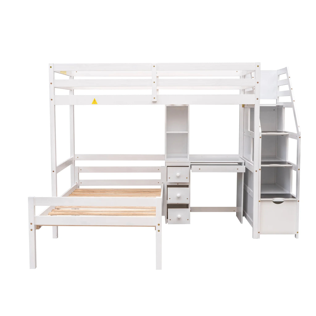 Wood Twin Bunk Loft Bed with Desk, Drawers and Shelf, White P382033
