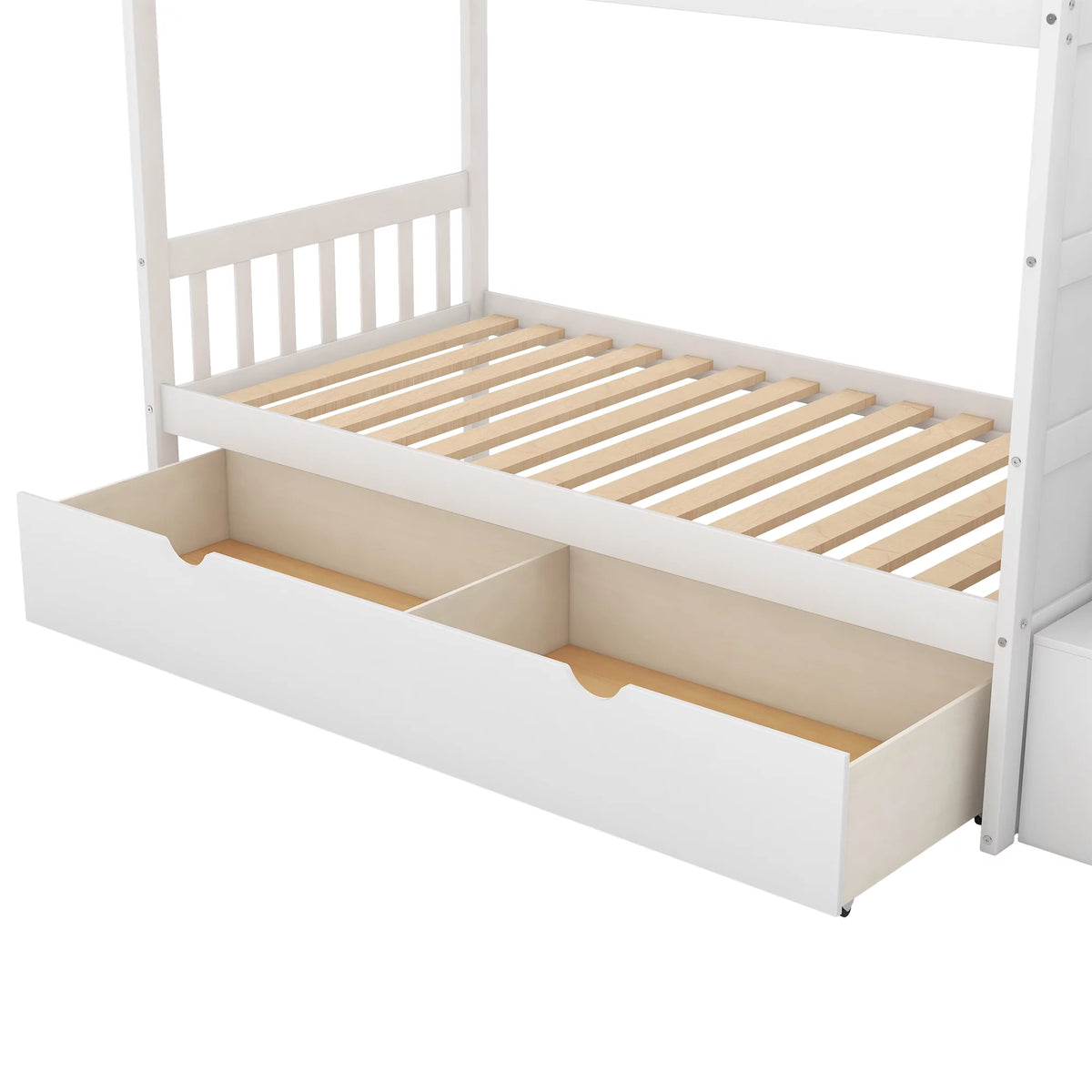 White Twin over Twin Bunk Bed with Drawer and Cabinet A705303
