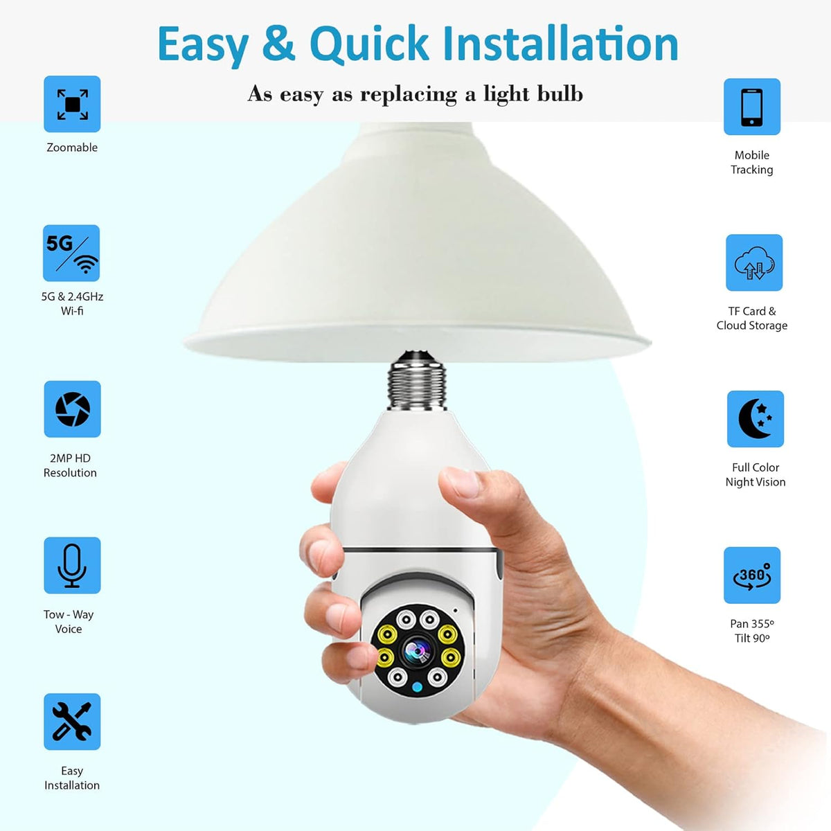 E27 1080P PTZ Smart Security Light Bulb Camera with 2.4GHz 5G WiFi K93423