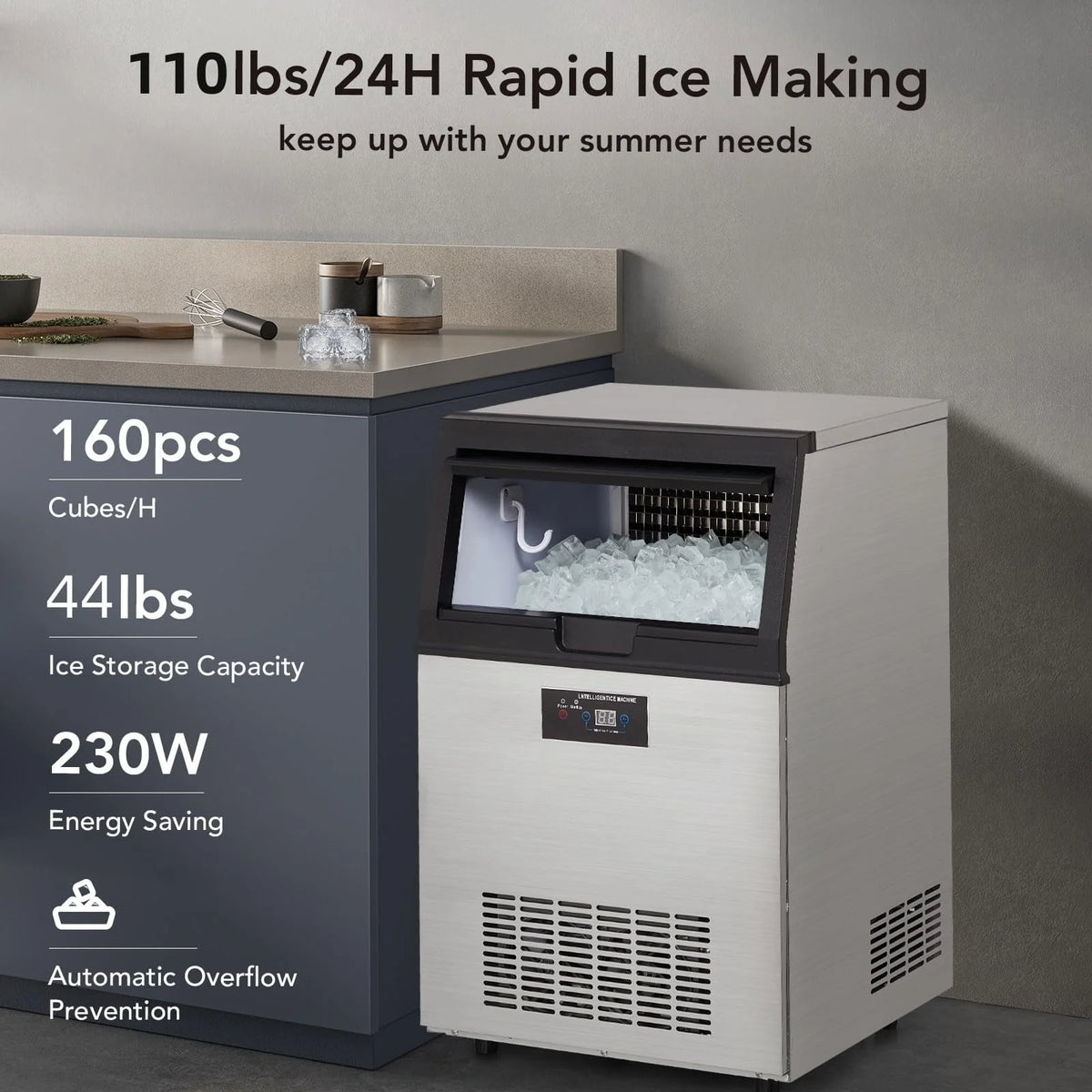 Commercial Ice Maker Machine, Under Counter, 110lbs in 24Hrs, 33lbs Storage Capacity A47593