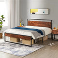 Queen Size Mahogany Metal Platform Bed with Wooden Headboard and Footboard T164