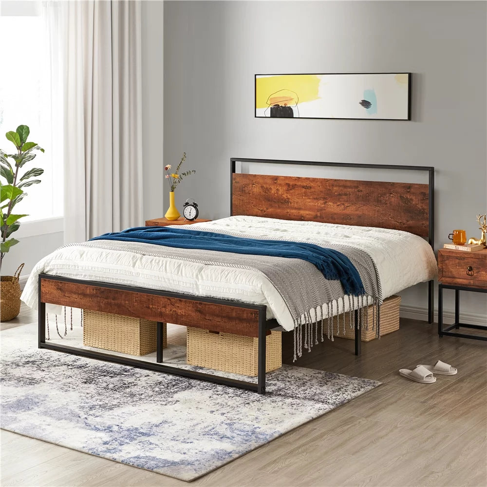 Queen Size Mahogany Metal Platform Bed with Wooden Headboard and Footboard T164