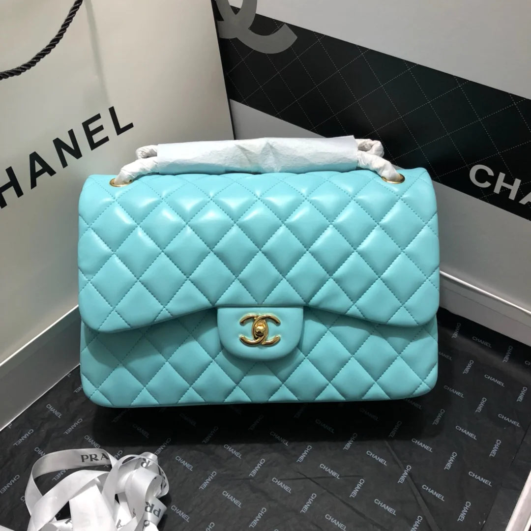 Large Classic Handbag Gold Hardware Blue 11.8in/30cm D873