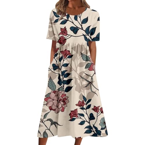 Women's Boho Floral Dress Summer Short Sleeve Flowy A Line Midi Dress Loose Casual with Pockets Y105