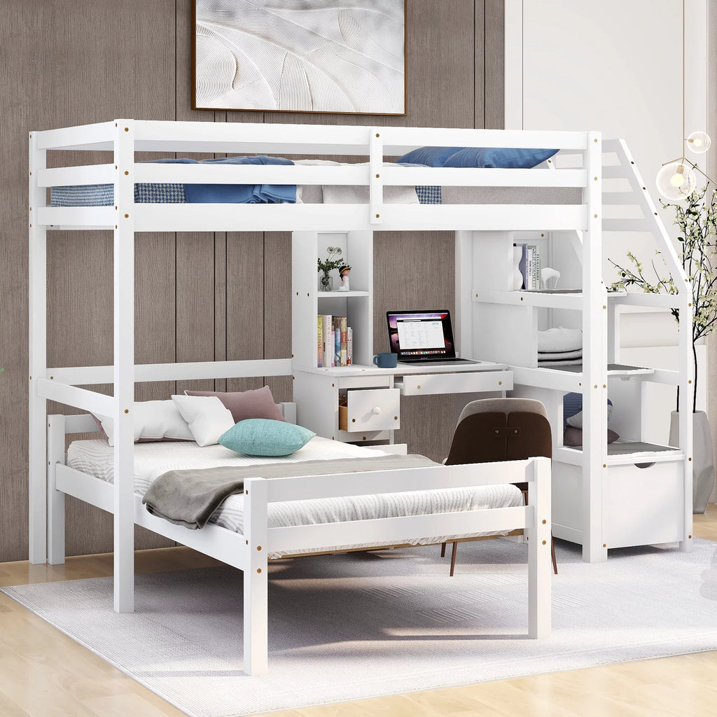 Wood Twin Bunk Loft Bed with Desk, Drawers and Shelf, White P382033