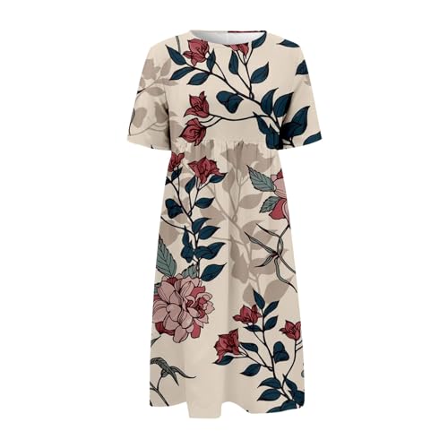 Women's Boho Floral Dress Summer Short Sleeve Flowy A Line Midi Dress Loose Casual with Pockets Y105