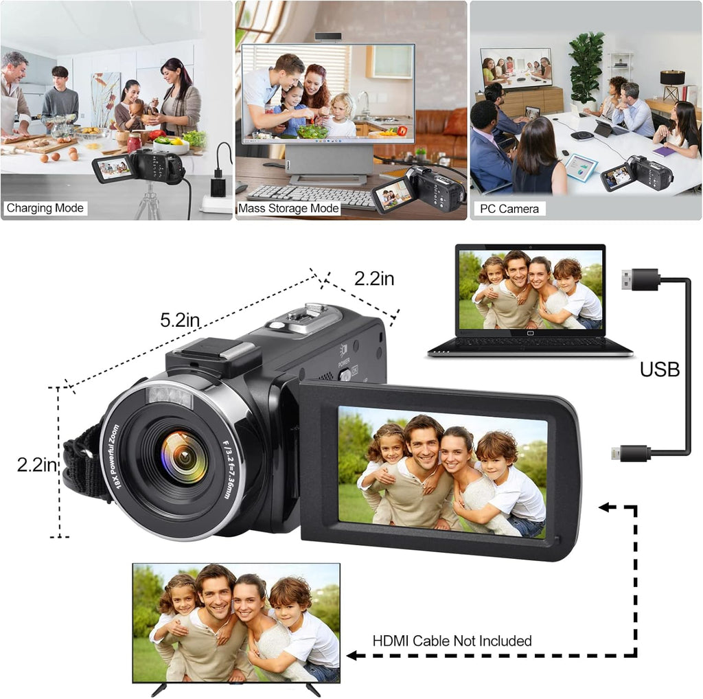 4K 48MP 3.0 Inch IPS Touch Screen Camcorder with Microphone and 2 Batteries (Black) X208455