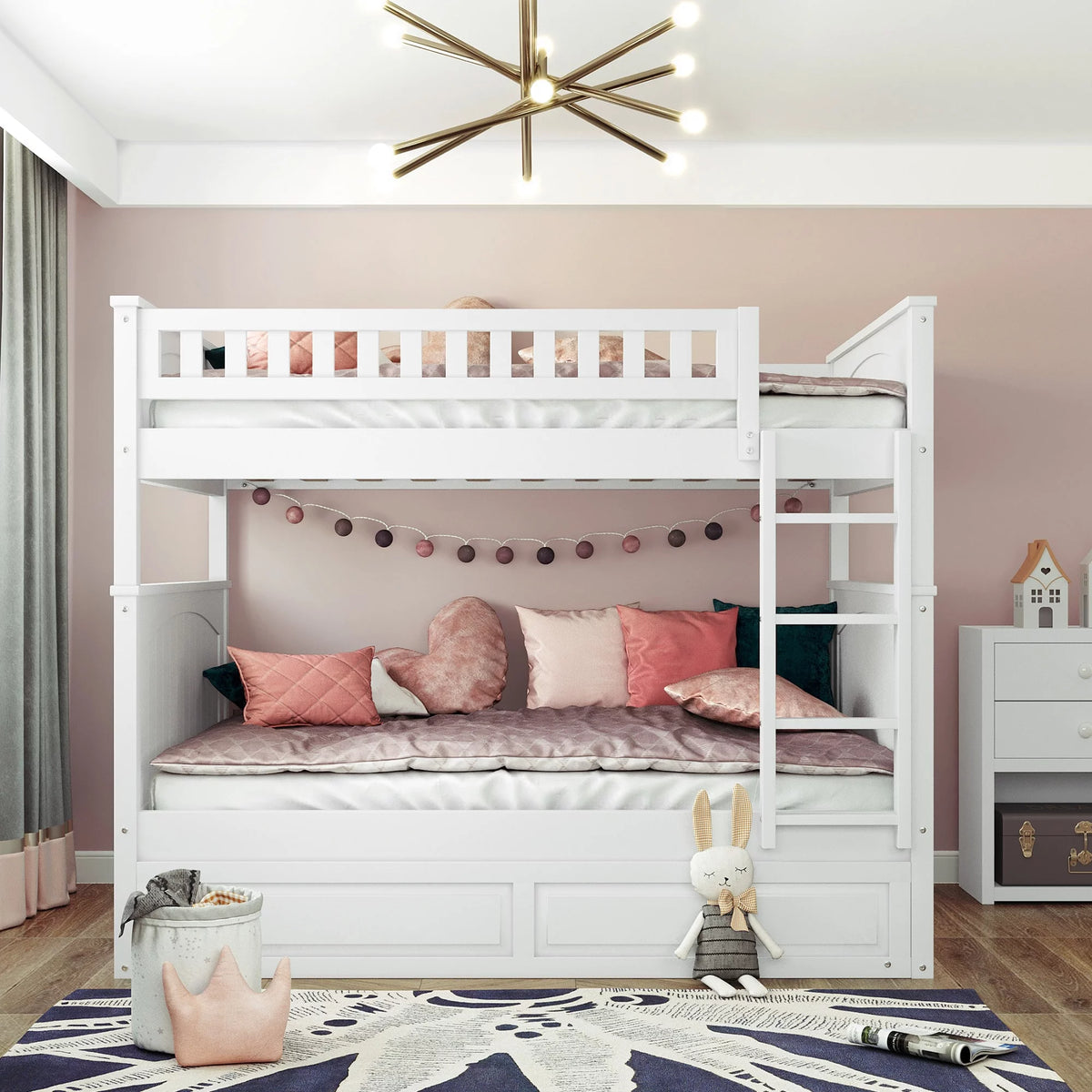 White Full Over Full Bunk Bed with Twin Size Trundle T41762