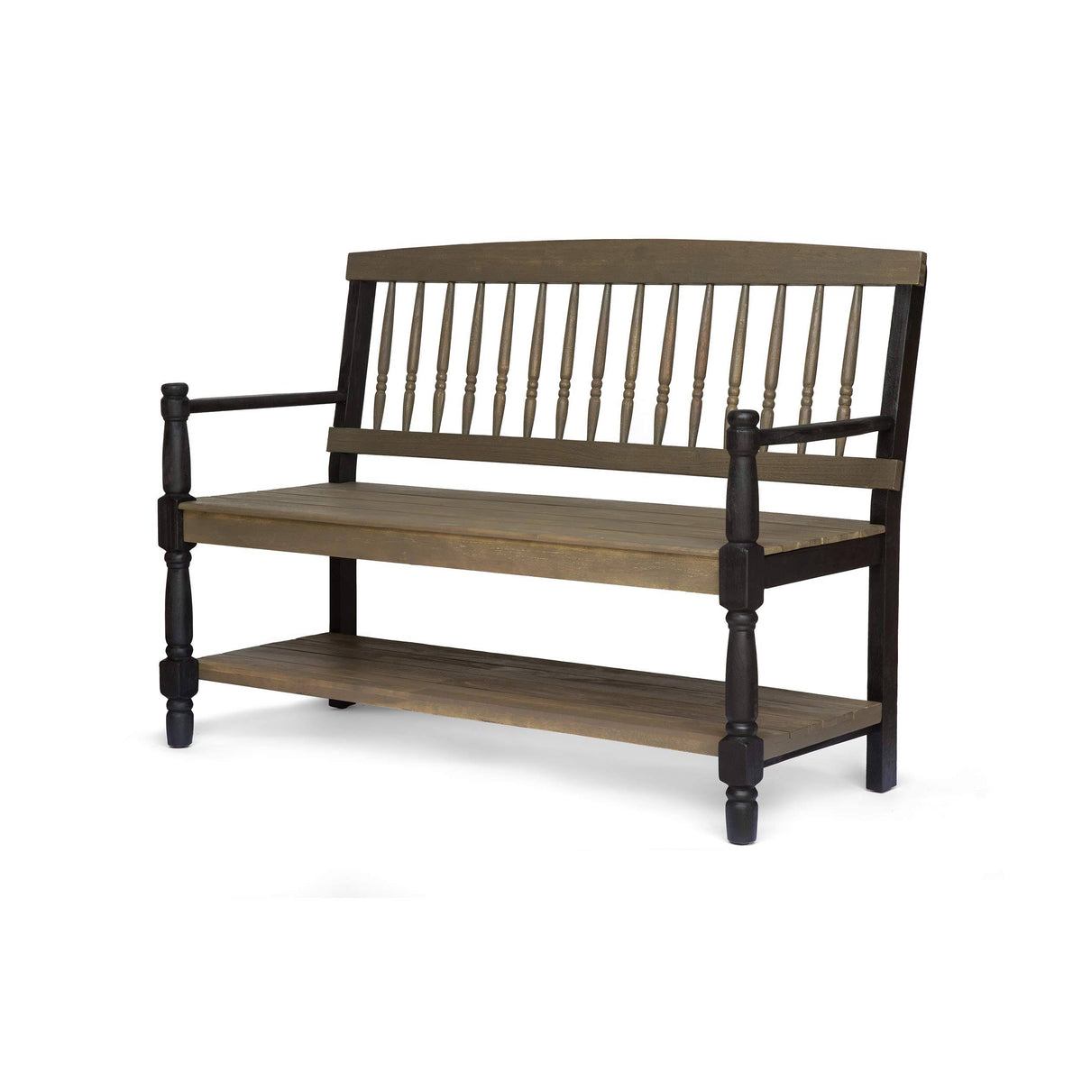 Gray Acacia Wood Outdoor Bench with Shelf E7312