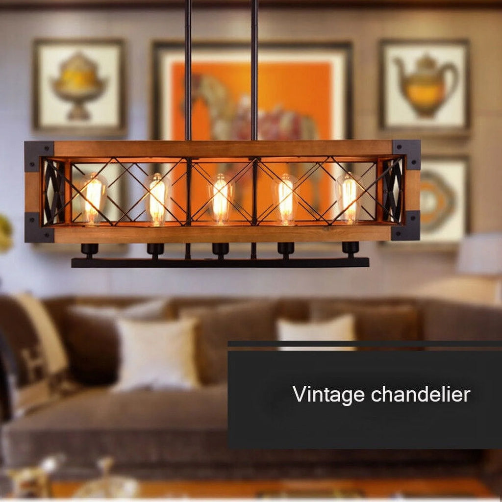 5-Lights Wooden Rectangle Pendant Light Fixture M1595