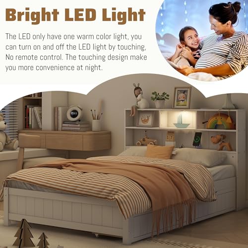 White Twin Size Platform Bed with Bookcase Headboard and 2 Storage Drawers G43032