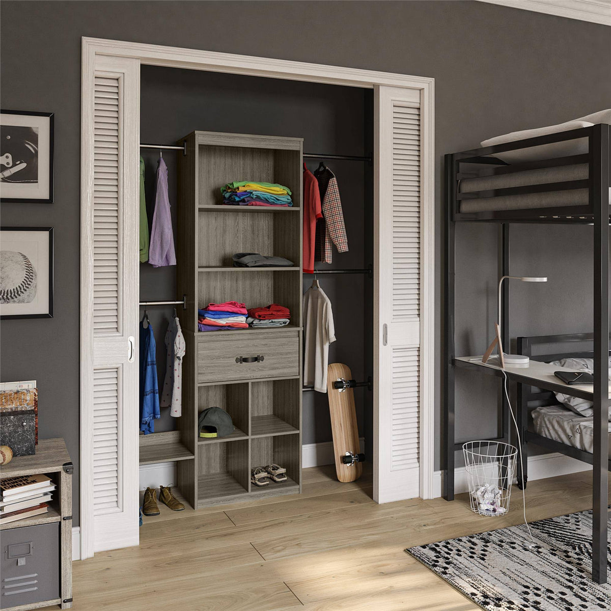 Grey Oak Kids Closet Organizer System Z269081