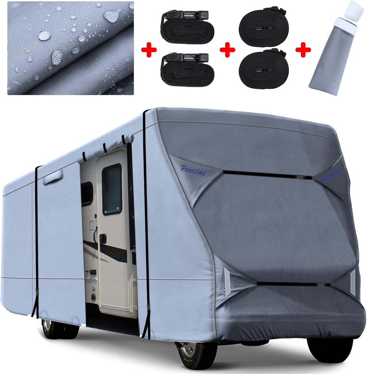 Windproof Waterproof Rip-Stop RV Cover for 23’-26’ Motorhome with 2Pcs Extra Long Straps & Gutter Covers U321