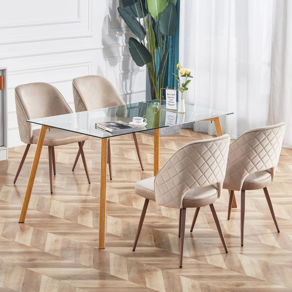 Glass Dining Table Modern Rectangular with Tempered Glass Tabletop and Black Metal Legs R739