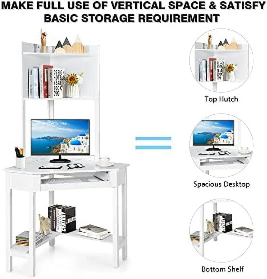 White Corner Computer Desk with Hutch and Shelves G89325