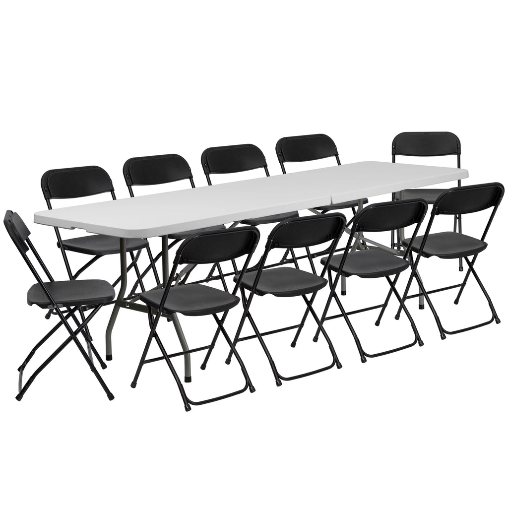 8' Bi-Fold Granite White Plastic Folding Table Set with 10 Folding Chairs F363722