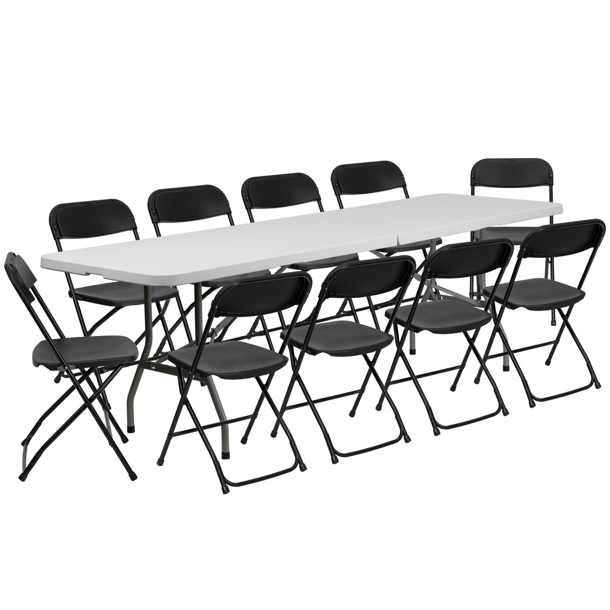 8' Bi-Fold Granite White Plastic Folding Table Set with 10 Folding Chairs F363722