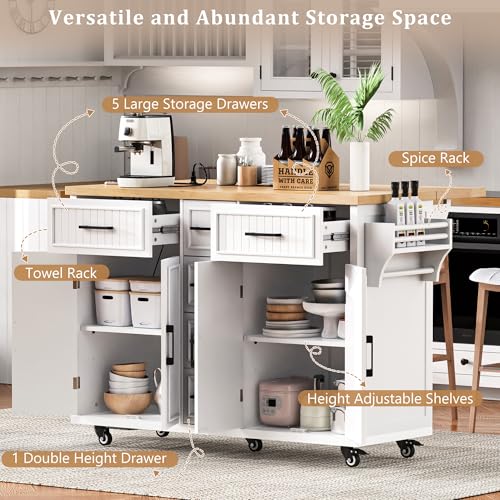 56.5" Rolling Kitchen Island with Drop Leaf, Power Outlet, 4 Doors, 5 Drawers, Black F3016