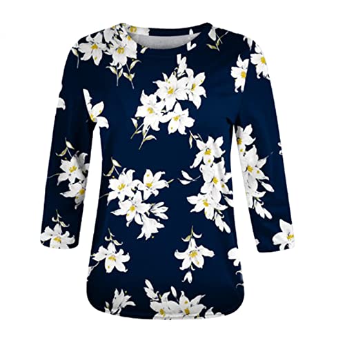 Womens 3/4 Sleeve Ethnic Floral Blouse Slim Fit Crewneck Pullover Tees H353882