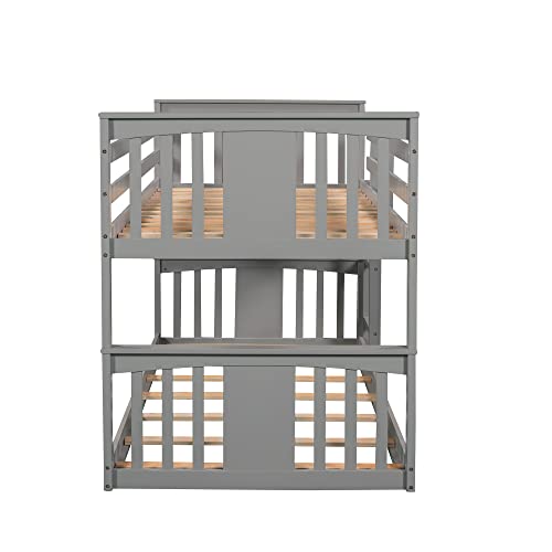 Gray Solid Wood Twin over Twin Bunk Bed with Ladder and Guard Rail V4730