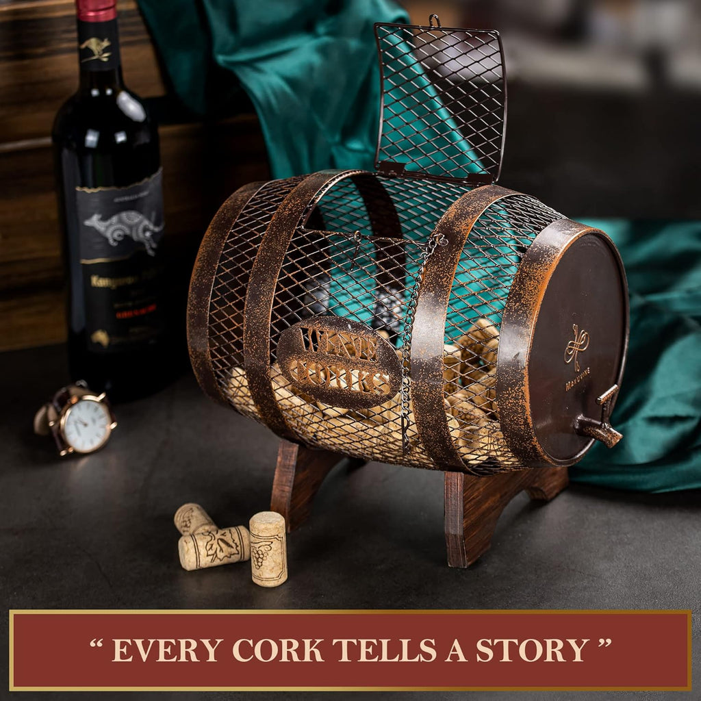 Rustic Metal Large Barrel Wine Cork Holder Display On Wooden Stand N2245