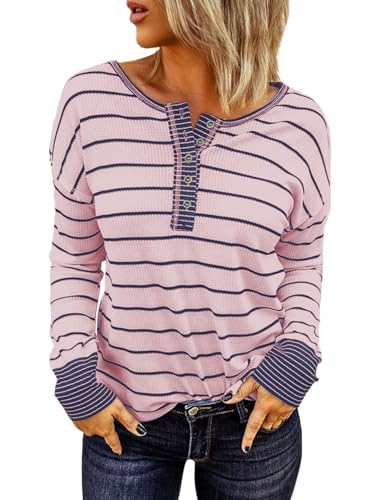 Long Sleeve Striped Button Up Tunic Shirts Loose Fit Henley Tee Blouses T9190