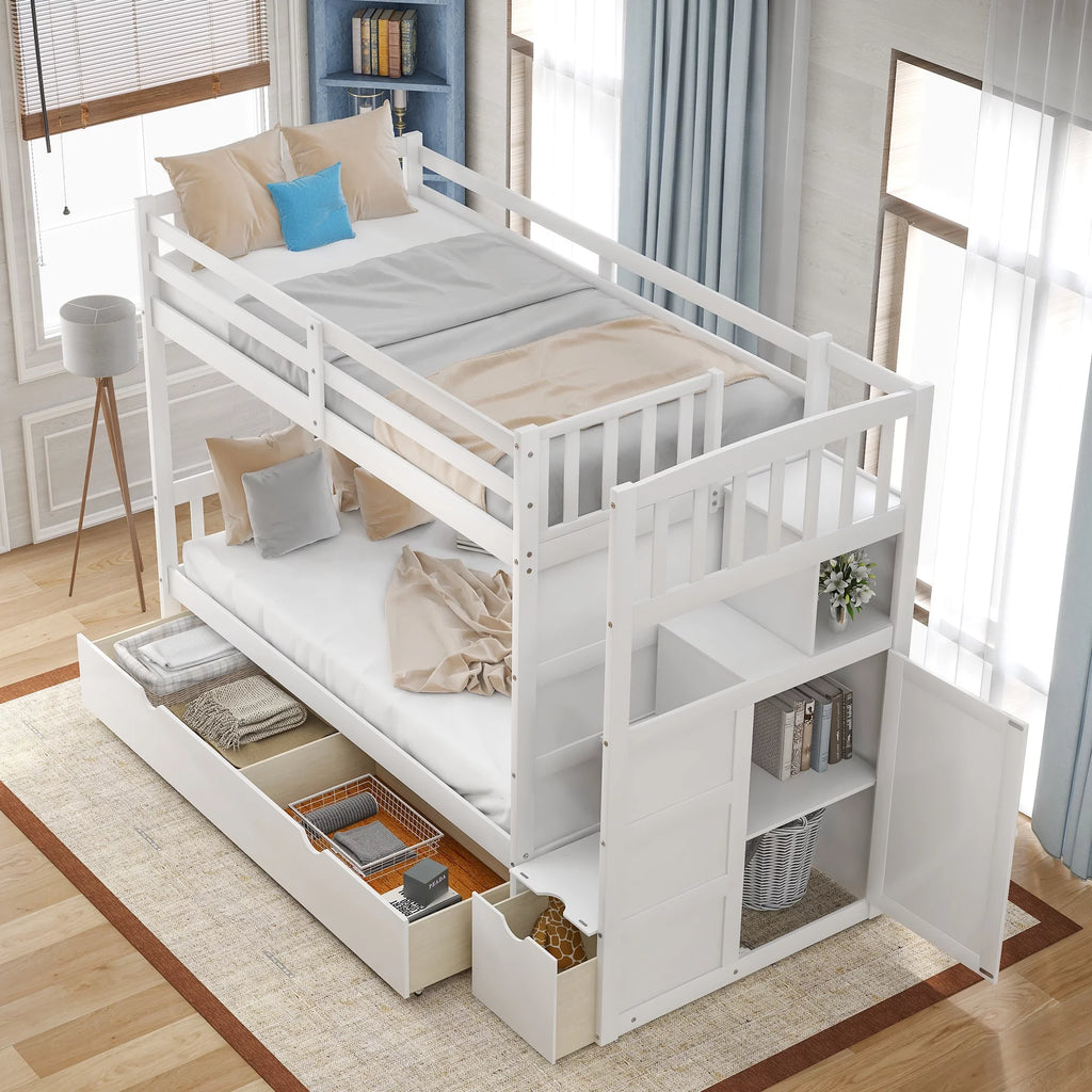 White Twin over Twin Bunk Bed with Drawer and Cabinet A705303