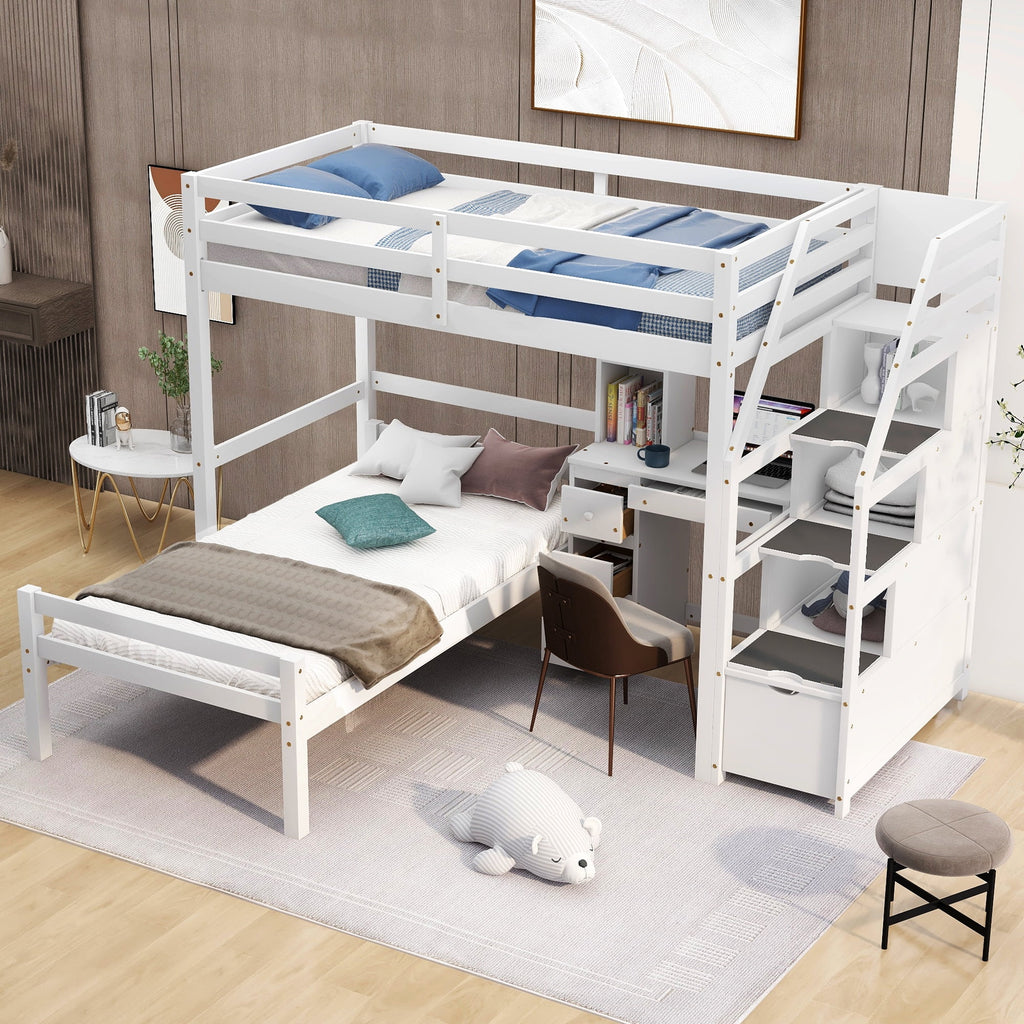 Wood Twin Bunk Loft Bed with Desk, Drawers and Shelf, White P382033