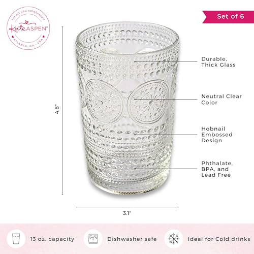 Hobnail Beaded Floral Rose Gold Drinking Glasses Set of 6, 13 oz Glassware Set Y95043