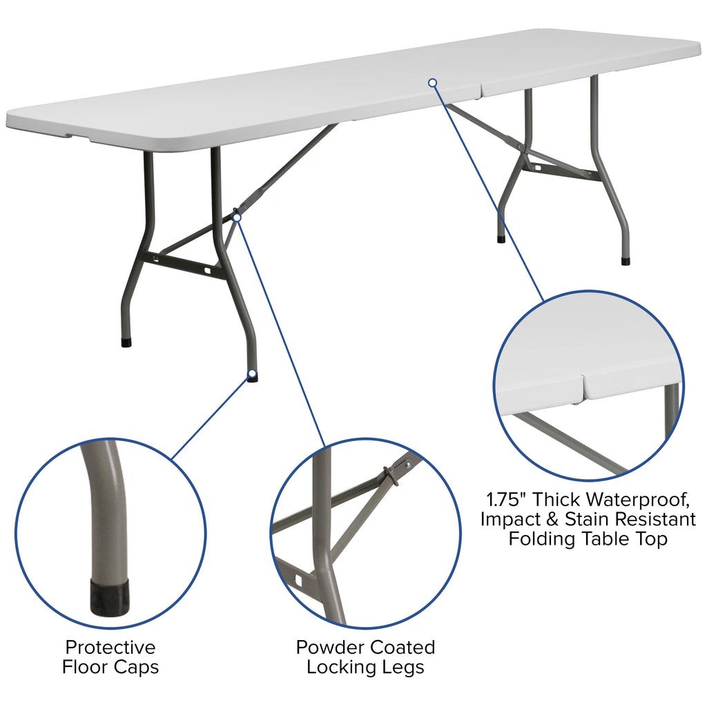 8' Bi-Fold Granite White Plastic Folding Table Set with 10 Folding Chairs F363722
