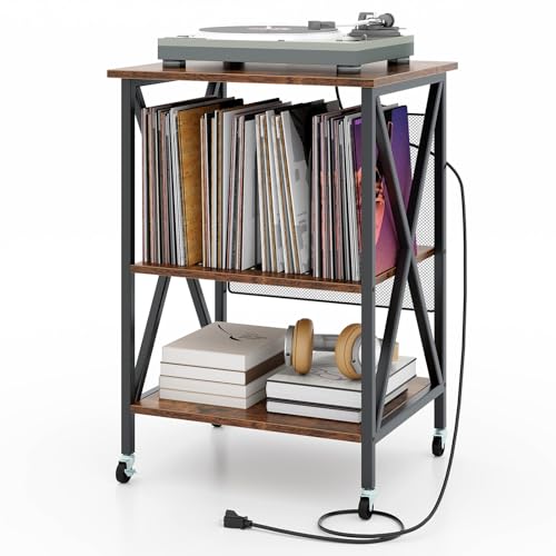 Rustic Brown Record Player Stand with Record Storage M865