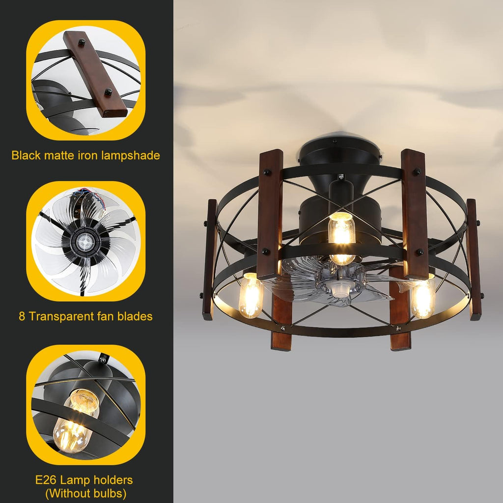 Industrial Ceiling Fan with Light Remote Control Metal Caged Wood Black Enclosed J436420