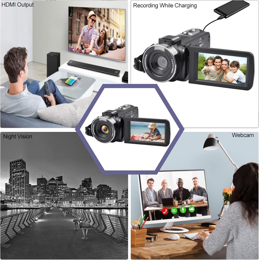 4K 48MP 3.0 Inch IPS Touch Screen Camcorder with Microphone and 2 Batteries (Black) X208455