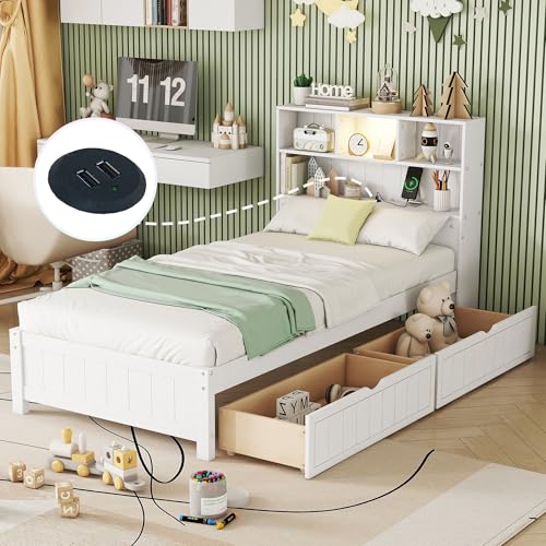 White Twin Size Platform Bed with Bookcase Headboard and 2 Storage Drawers G43032