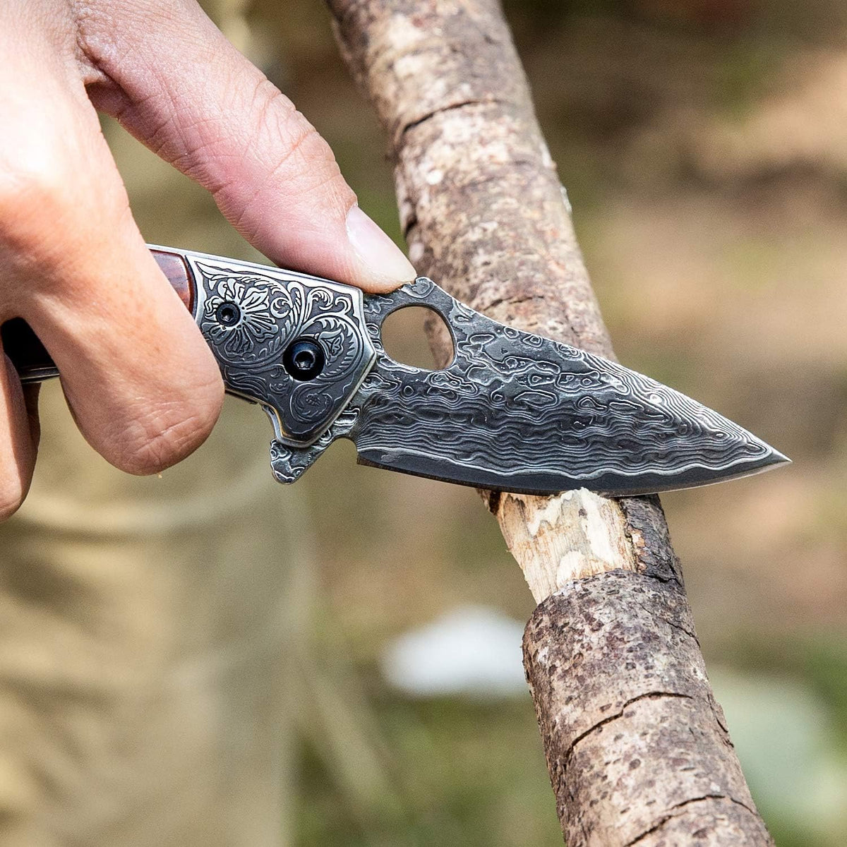 2.5in VG10 Damascus Steel Folding Pocket Knife with Rosewood Handle I8780